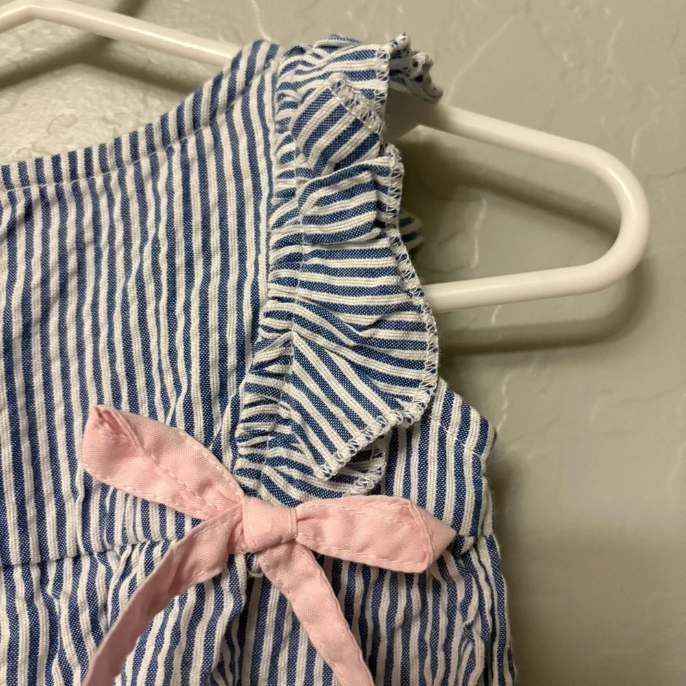 ⭐️Ruffle Butts blue and white striped pink bow ruffle romper 0-3 months